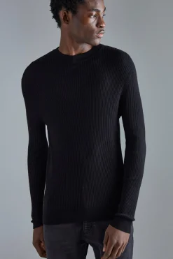 Muscle Fit Ribbed Extended Neck Jumper | BoohooMAN UK
