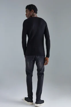 Muscle Fit Ribbed Extended Neck Jumper | BoohooMAN UK