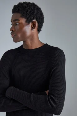 Muscle Fit Ribbed Extended Neck Jumper | BoohooMAN UK