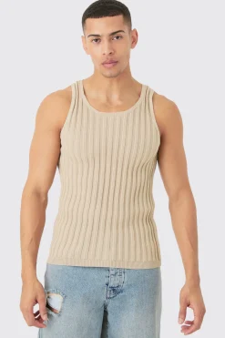 Muscle Fit Ribbed Knit Vest | BoohooMAN UK