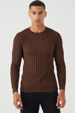 Muscle Fit Ribbed Long Sleeve Jumper | BoohooMAN UK
