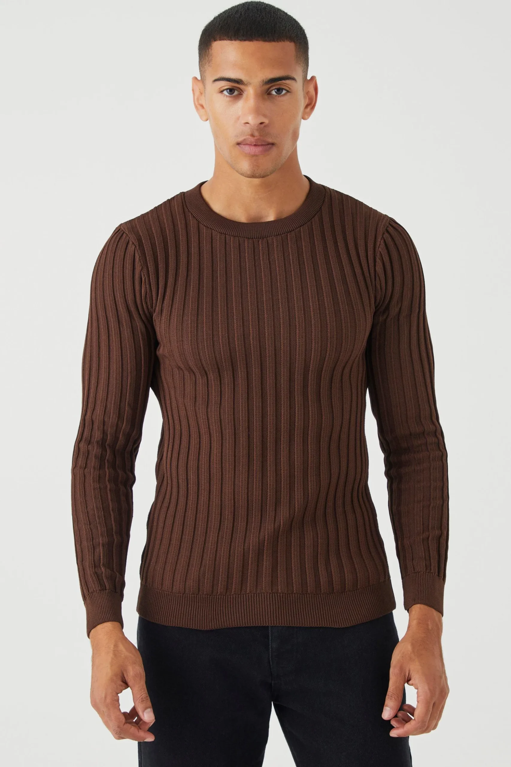 Muscle Fit Ribbed Long Sleeve Jumper | BoohooMAN UK
