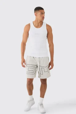 Muscle Fit Ribbed Vest & Mesh Basketball Shorts Set | BoohooMAN UK