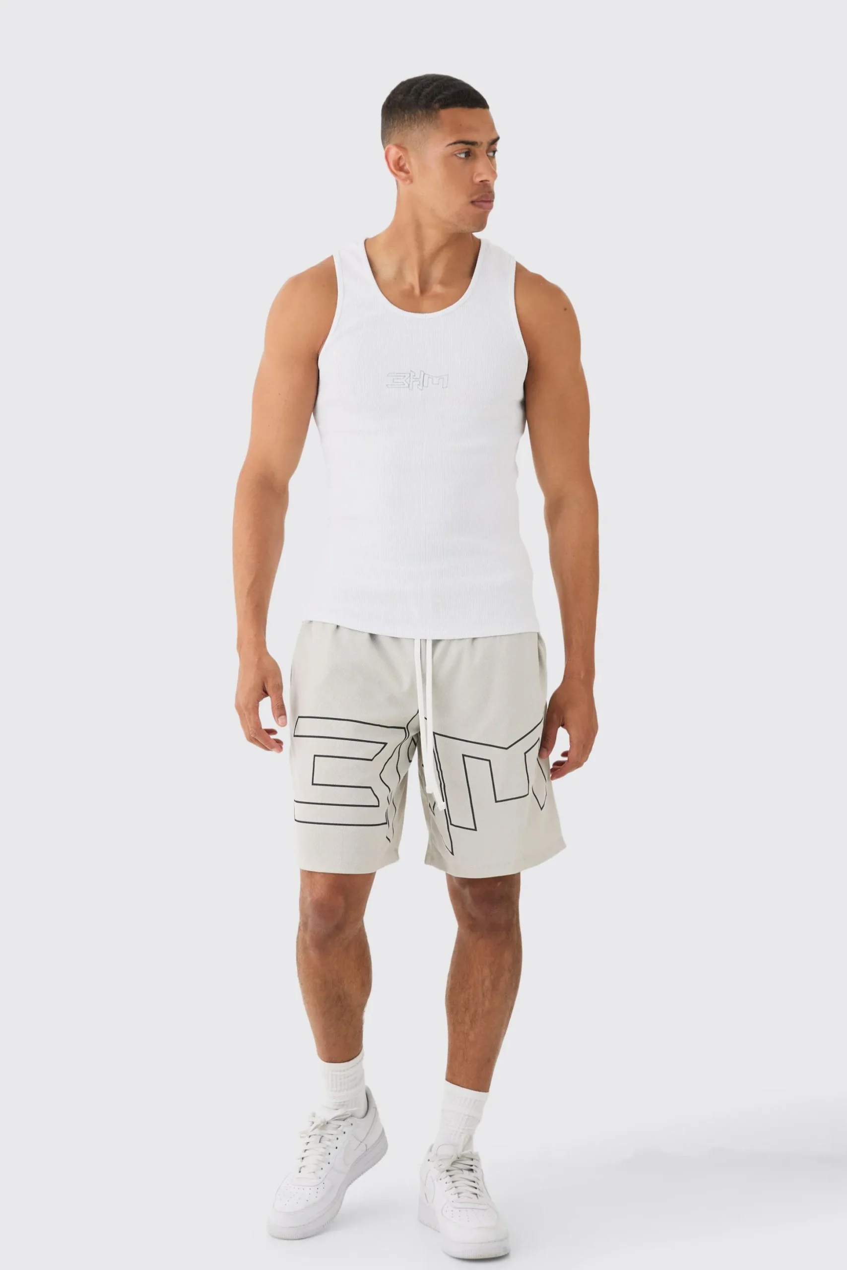 Muscle Fit Ribbed Vest & Mesh Basketball Shorts Set | BoohooMAN UK