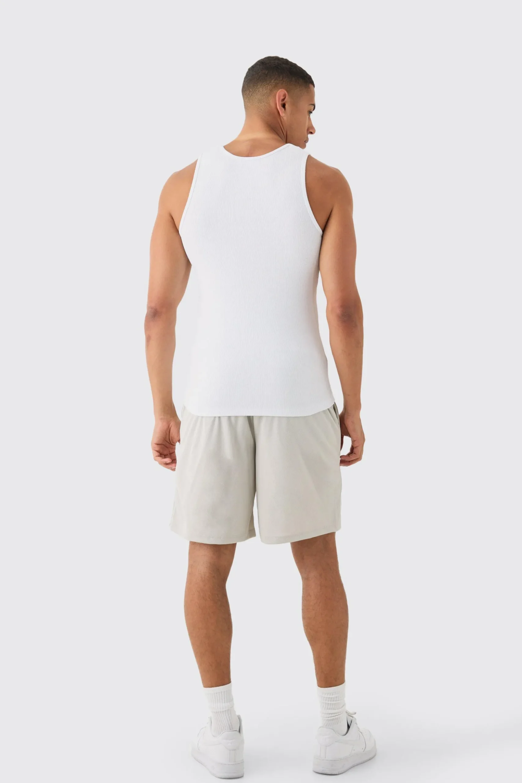 Muscle Fit Ribbed Vest & Mesh Basketball Shorts Set | BoohooMAN UK