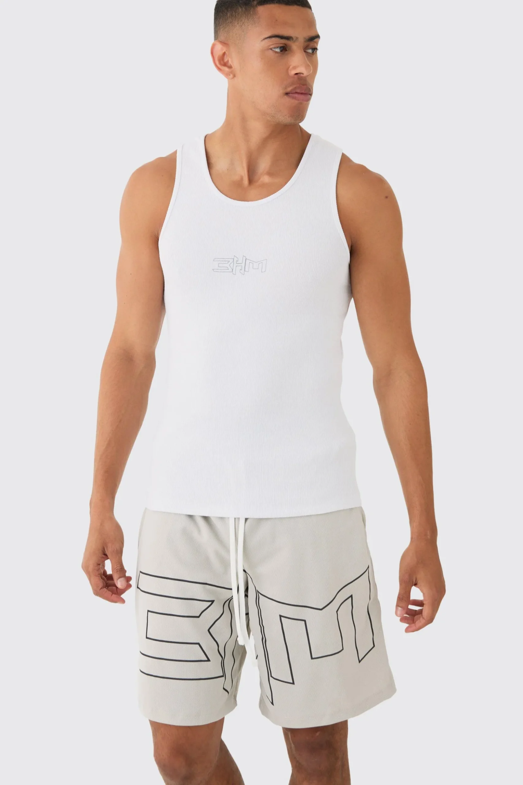 Muscle Fit Ribbed Vest & Mesh Basketball Shorts Set | BoohooMAN UK