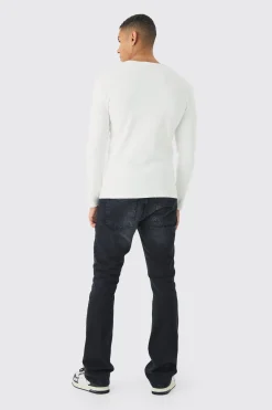 Muscle Fit Washed Rib Long Sleeve Man Embroidered T-shirt | BoohooMAN UK