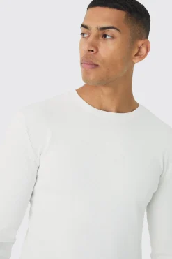 Muscle Fit Washed Rib Long Sleeve Man Embroidered T-shirt | BoohooMAN UK