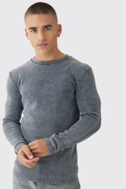 Muscle Fit Washed Rib Long Sleeve Man Embroidered T-shirt | BoohooMAN UK