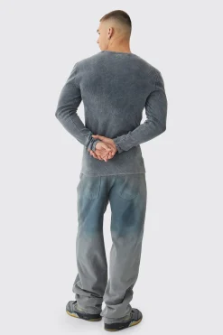 Muscle Fit Washed Rib Long Sleeve Man Embroidered T-shirt | BoohooMAN UK