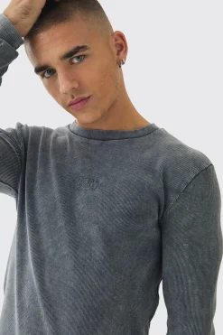 Muscle Fit Washed Rib Long Sleeve Man Embroidered T-shirt | BoohooMAN UK