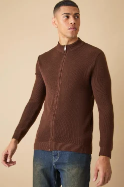 Muscle Fit Zip Through Rib Knit Jacket | BoohooMAN UK