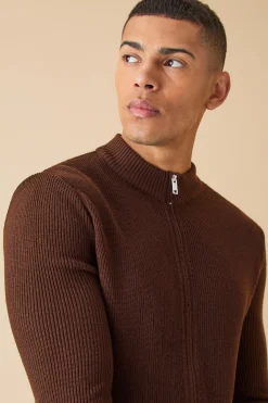 Muscle Fit Zip Through Rib Knit Jacket | BoohooMAN UK
