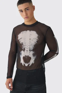 Muscle Mesh Skeleton Print Long Sleeve T-Shirt | BoohooMAN UK
