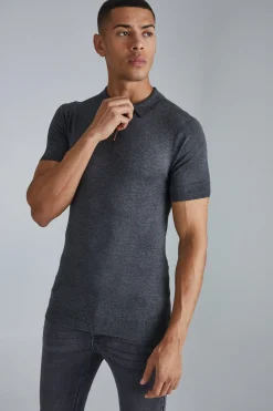 Muscle Short Sleeve Half Zip Polo | BoohooMAN UK