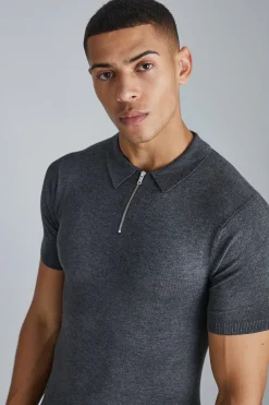 Muscle Short Sleeve Half Zip Polo | BoohooMAN UK