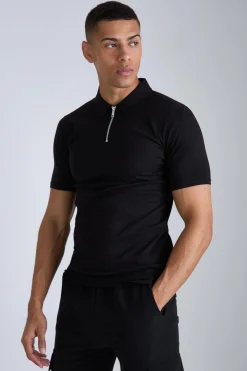 Muscle Zip Neck Polo | BoohooMAN UK