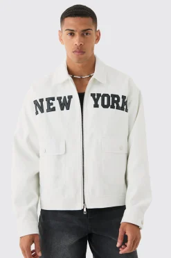 New York Varsity Pocket Detail Harrington | BoohooMAN UK