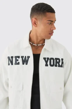 New York Varsity Pocket Detail Harrington | BoohooMAN UK