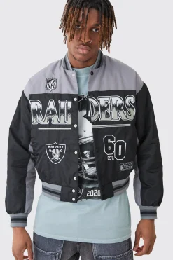 Nfl Boxy Raiders Varsity Nylon Embroidered Jacket | BoohooMAN UK