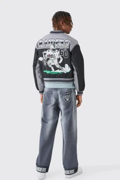 Nfl Boxy Raiders Varsity Nylon Embroidered Jacket | BoohooMAN UK