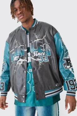 Nfl Eagles Oversized Varsity Pu Applique Jacket | BoohooMAN UK