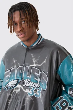 Nfl Eagles Oversized Varsity Pu Applique Jacket | BoohooMAN UK