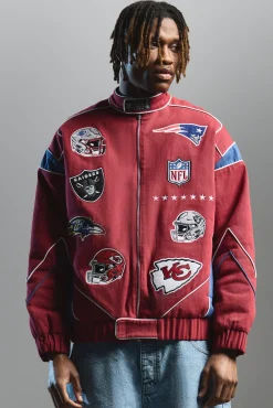 Nfl Oversized Moto Pu Jacket With Applique Badges | BoohooMAN UK