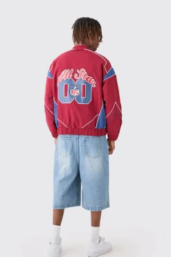 Nfl Oversized Moto Pu Jacket With Applique Badges | BoohooMAN UK