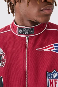 Nfl Oversized Moto Pu Jacket With Applique Badges | BoohooMAN UK