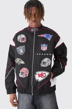 Nfl Oversized Moto Pu Jacket With Applique Badges | BoohooMAN UK