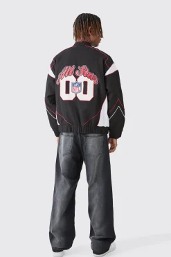Nfl Oversized Moto Pu Jacket With Applique Badges | BoohooMAN UK