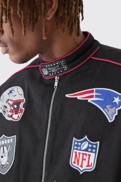 Nfl Oversized Moto Pu Jacket With Applique Badges | BoohooMAN UK