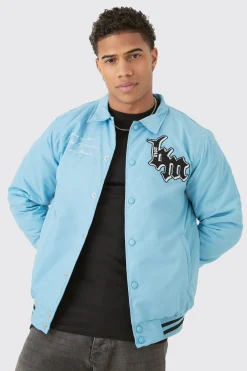 Nylon Bm Badge Collared Varsity Bomber In Blue | BoohooMAN UK