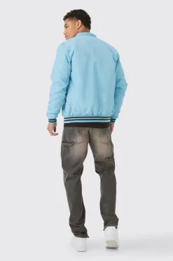 Nylon Bm Badge Collared Varsity Bomber In Blue | BoohooMAN UK