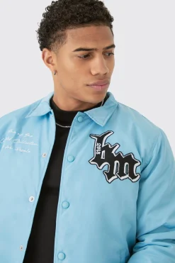 Nylon Bm Badge Collared Varsity Bomber In Blue | BoohooMAN UK