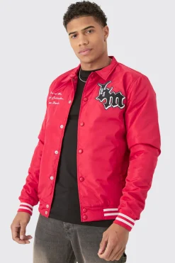 Nylon Bm Badge Collared Varsity Bomber In Red | BoohooMAN UK