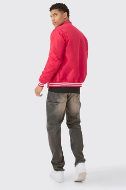 Nylon Bm Badge Collared Varsity Bomber In Red | BoohooMAN UK