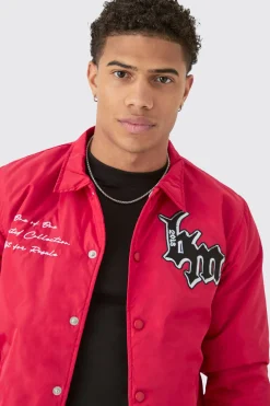 Nylon Bm Badge Collared Varsity Bomber In Red | BoohooMAN UK