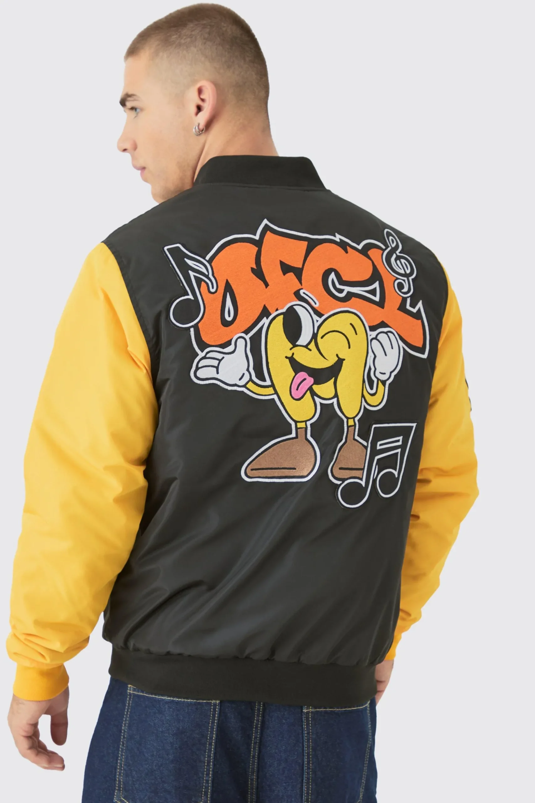 Nylon Embroidered Varsity Jacket In Black | BoohooMAN UK