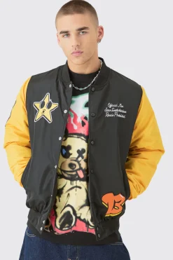 Nylon Embroidered Varsity Jacket In Black | BoohooMAN UK