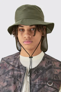 Nylon Neck Flap Boonie Hat In Khaki | BoohooMAN UK