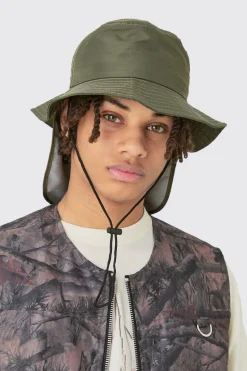 Nylon Neck Flap Boonie Hat In Khaki | BoohooMAN UK