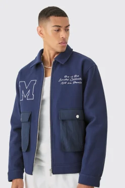Nylon Pocket Varsity Harrington In Navy | BoohooMAN UK