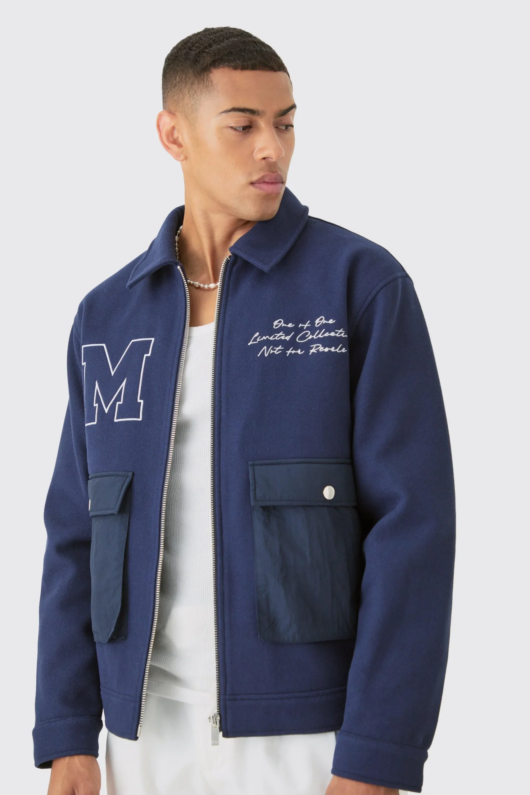 Nylon Pocket Varsity Harrington In Navy | BoohooMAN UK