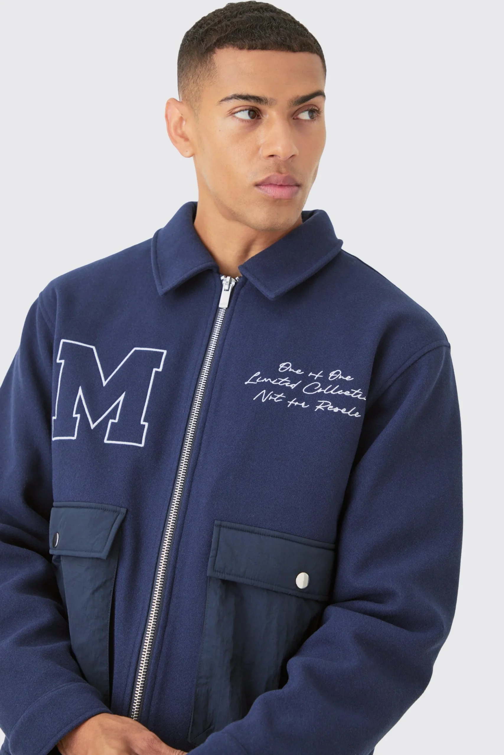 Nylon Pocket Varsity Harrington In Navy | BoohooMAN UK