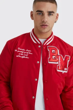 Nylon Varsity Jacket With Badges | BoohooMAN UK