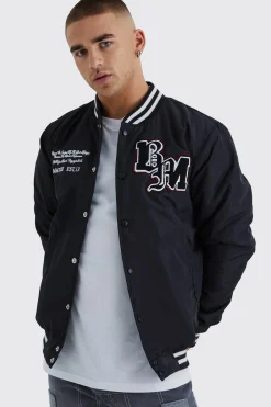 Nylon Varsity Jacket With Badges | BoohooMAN UK