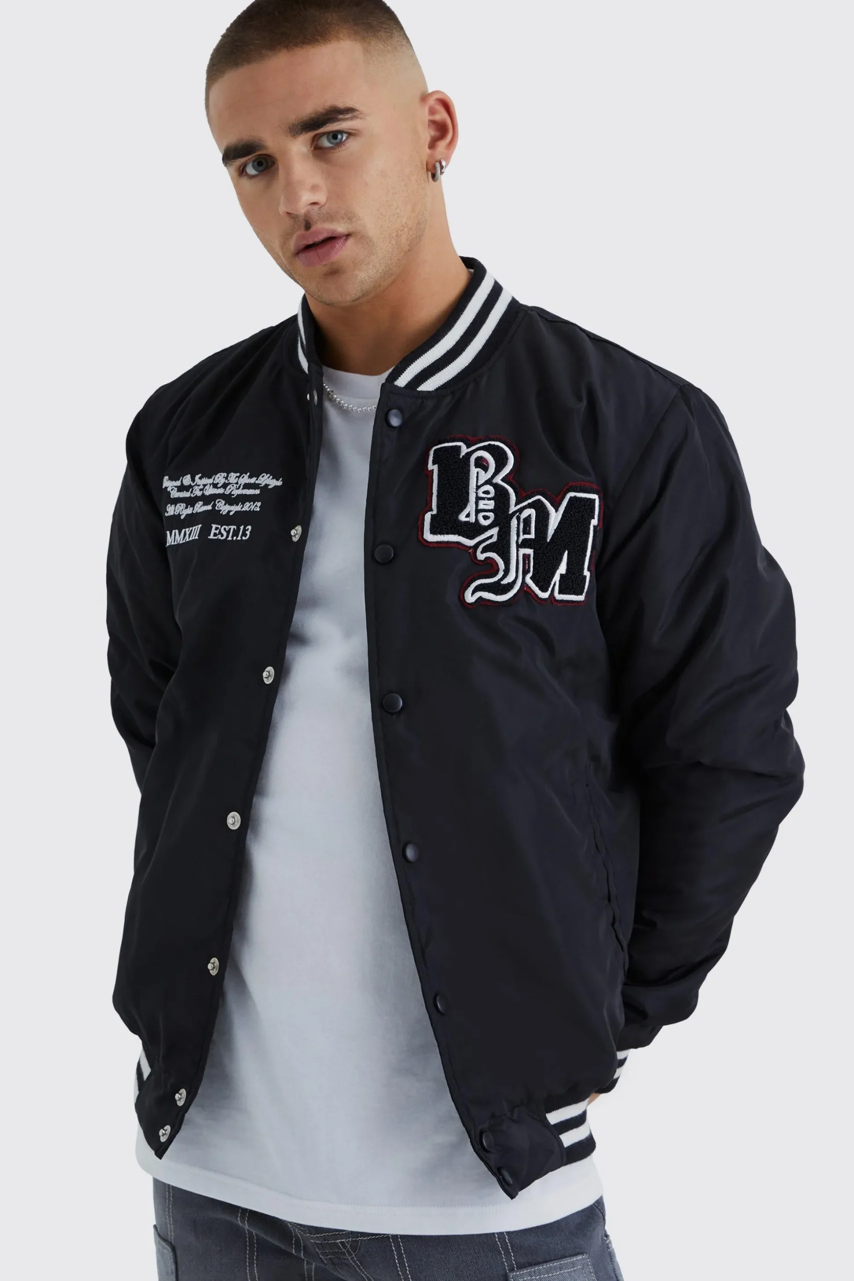 Nylon Varsity Jacket With Badges | BoohooMAN UK