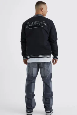 Nylon Varsity Jacket With Badges | BoohooMAN UK